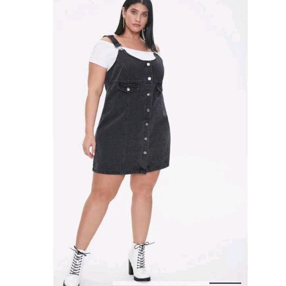Forever 21 Plus Black Denim Overall Mini Dress Button Front 0X NWT - Picture 3 of 10